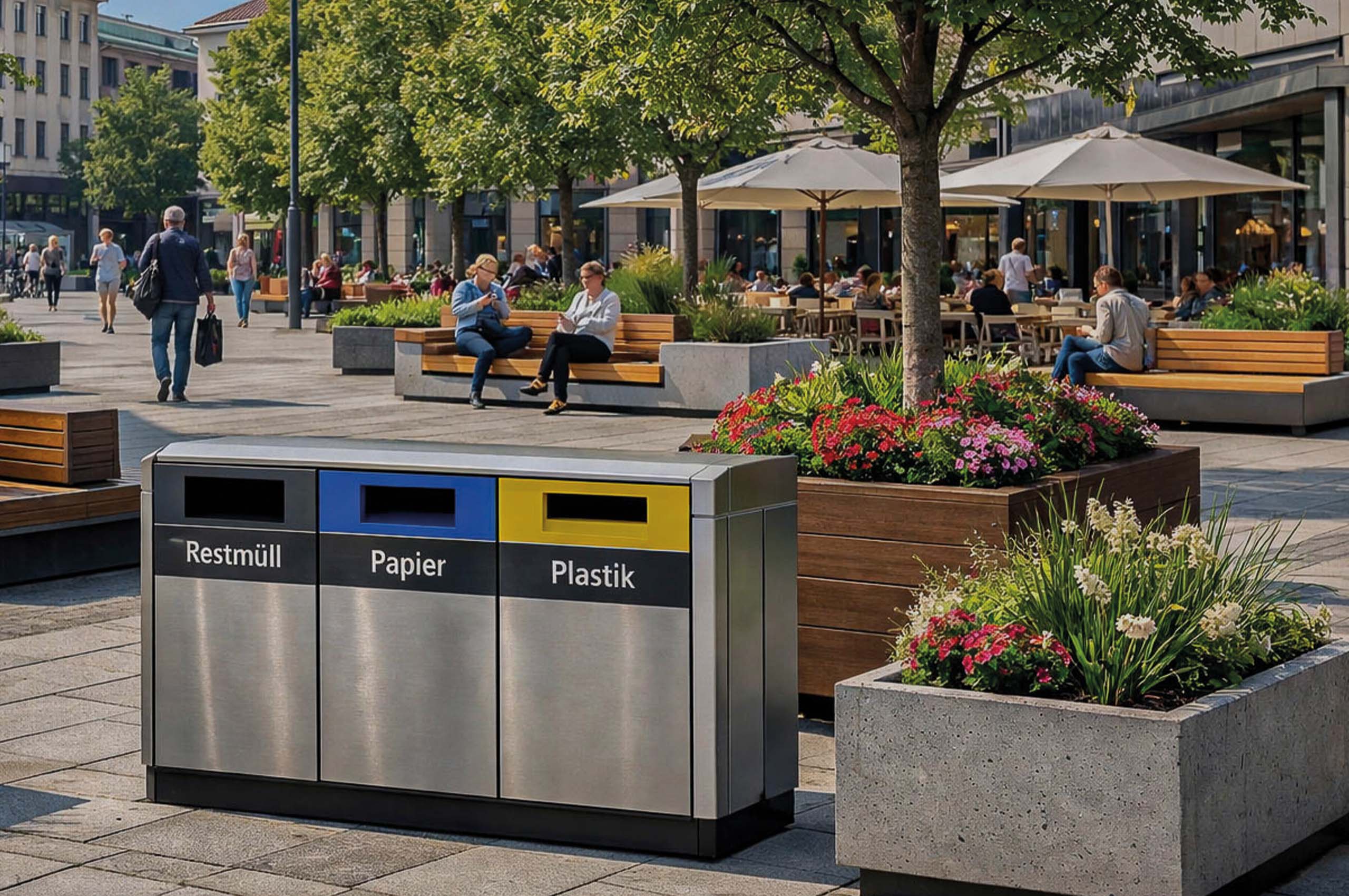 Modernes Edelstahl‑Recyclingsystem mit drei farblich markierten Einheiten in einem belebten urbanen Außenbereich mit Bänken, Pflanzen und Passanten.